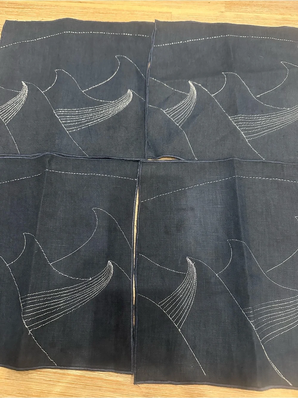 Set of 4 Contemporary Navy Blue Cocktails Napkins with Silver Wave Embroidery
